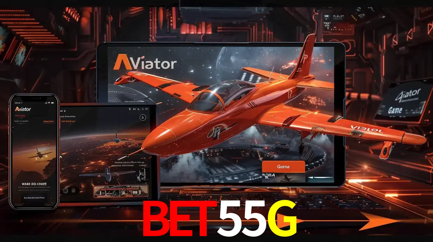 Apresentação tecnológica do jogo Aviator com um avião saindo da tela de um tablet, demonstrando a experiência imersiva em múltiplos dispositivos no BET55G.