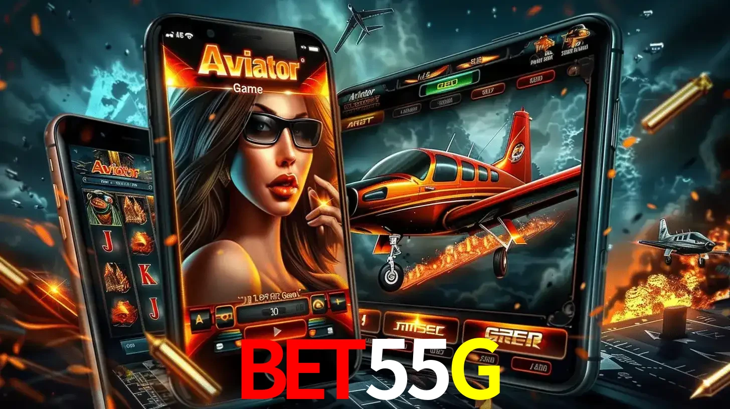 O popular jogo de apostas Aviator exibido em vários celulares e tablets, mostrando a interface emocionante e a ação de voo disponíveis para jogar agora no BET55G.