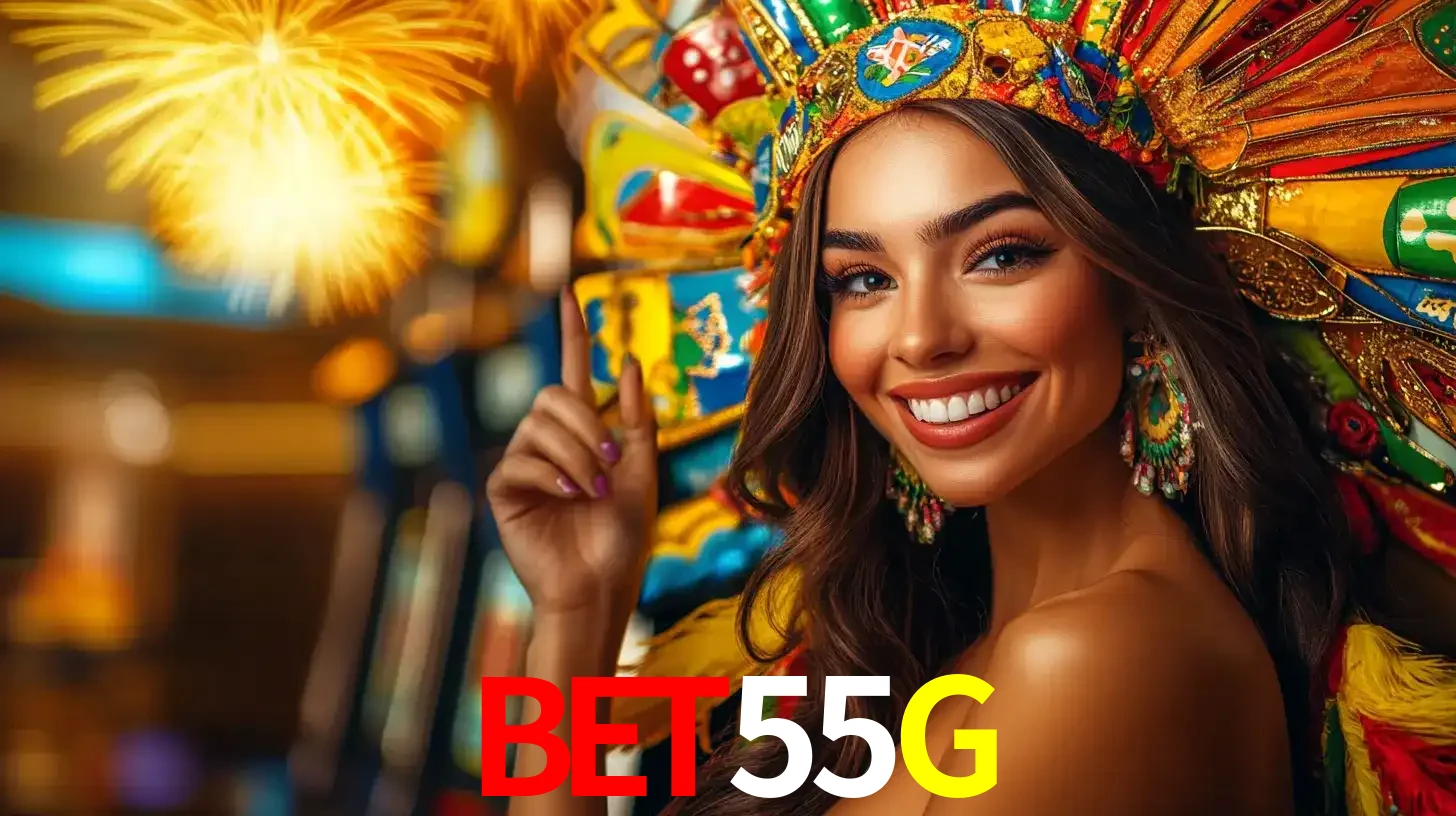 Mulher sorridente com um cocar de carnaval vibrante e colorido, celebrando uma grande vitória nos jogos do cassino BET55G com fogos de artifício ao fundo.