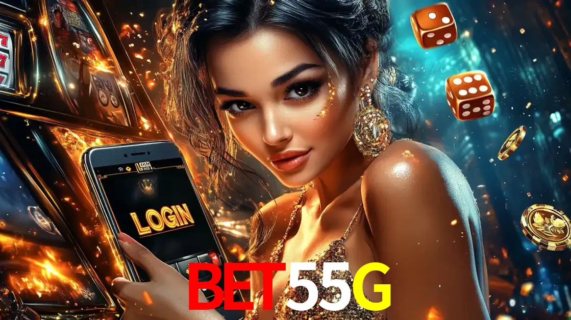 Mulher glamourosa segurando um celular com a tela de login do cassino BET55G, rodeada por dados e moedas douradas, pronta para começar a diversão.