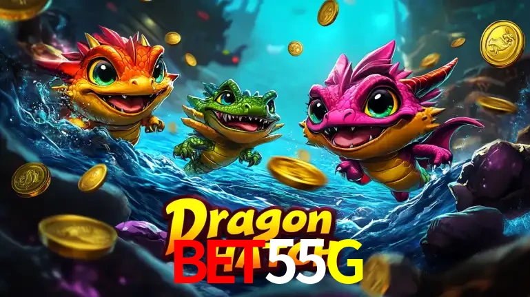 Arte promocional do jogo Dragon Hatch com três adoráveis dragões bebês nadando entre moedas de ouro, um dos slots mais divertidos para jogar no cassino BET55G.