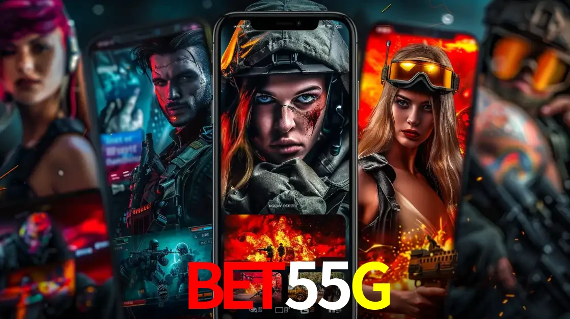 Montagem de telas de celular mostrando diversos personagens, masculinos e femininos, de um jogo de tiro, ilustrando a diversidade de equipes de e-sports para apostar no BET55G.