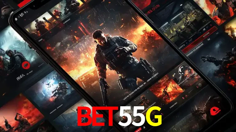 Tela de um celular exibindo uma galeria de jogos de tiro com temática militar, mostrando a variedade de e-sports disponíveis para apostas na plataforma de entretenimento BET55G.