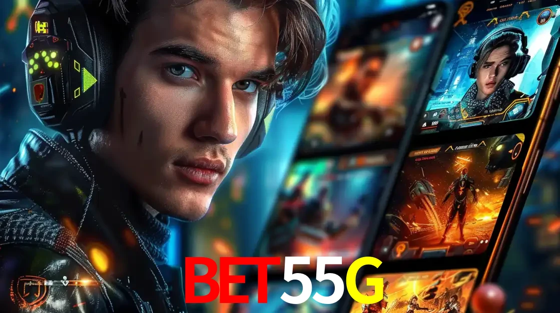 Jovem jogador com fones de ouvido olhando para a câmera, com um aplicativo de jogos e e-sports para celular ao fundo, pronto para a competição e apostas no BET55G.
