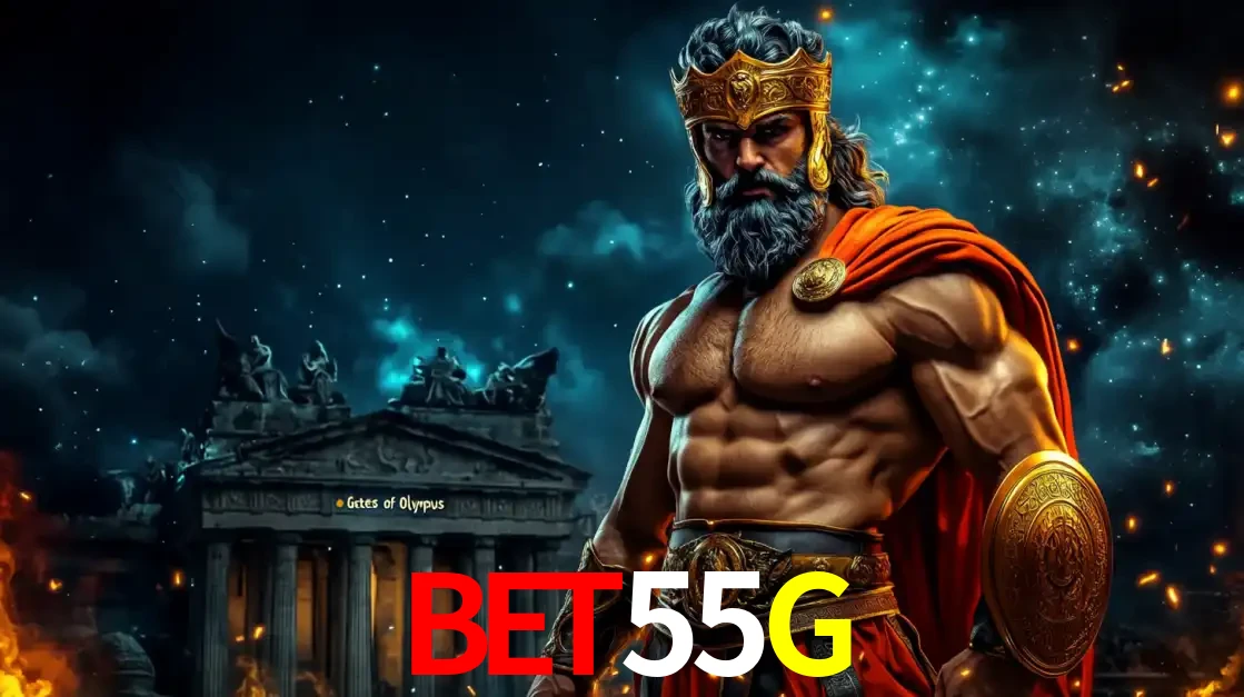 O poderoso Zeus do jogo de slot Gates of Olympus em frente ao seu templo, pronto para lançar multiplicadores divinos e prêmios épicos no cassino online BET55G.