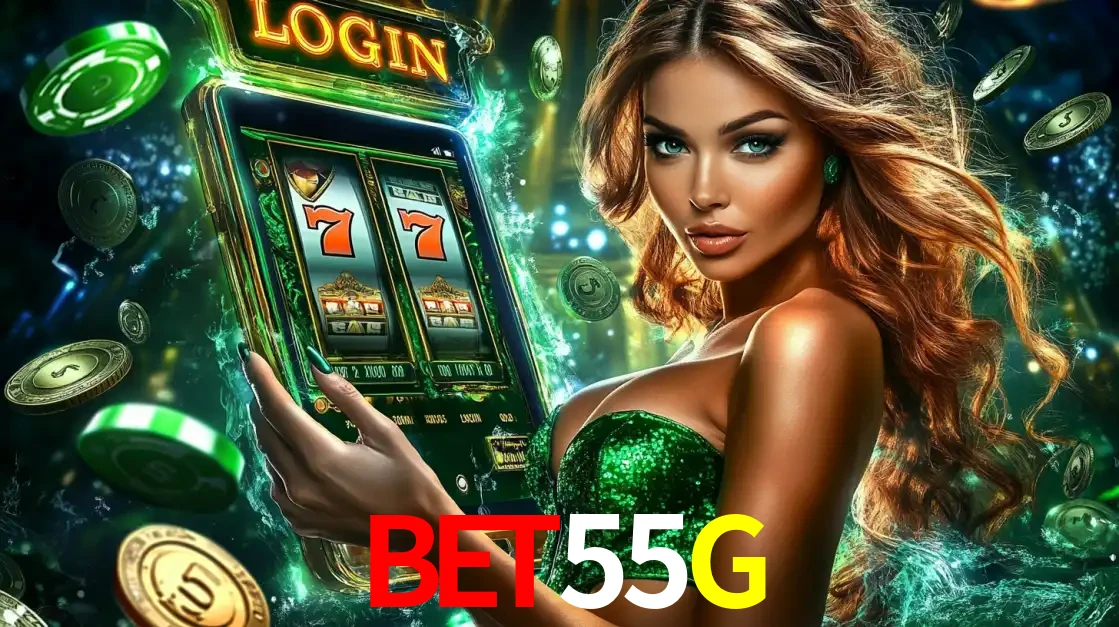 Mulher com tema verde apresentando o aplicativo do cassino BET55G com um jogo de slot de 777, cercada por fichas de cassino e uma aura de sorte.