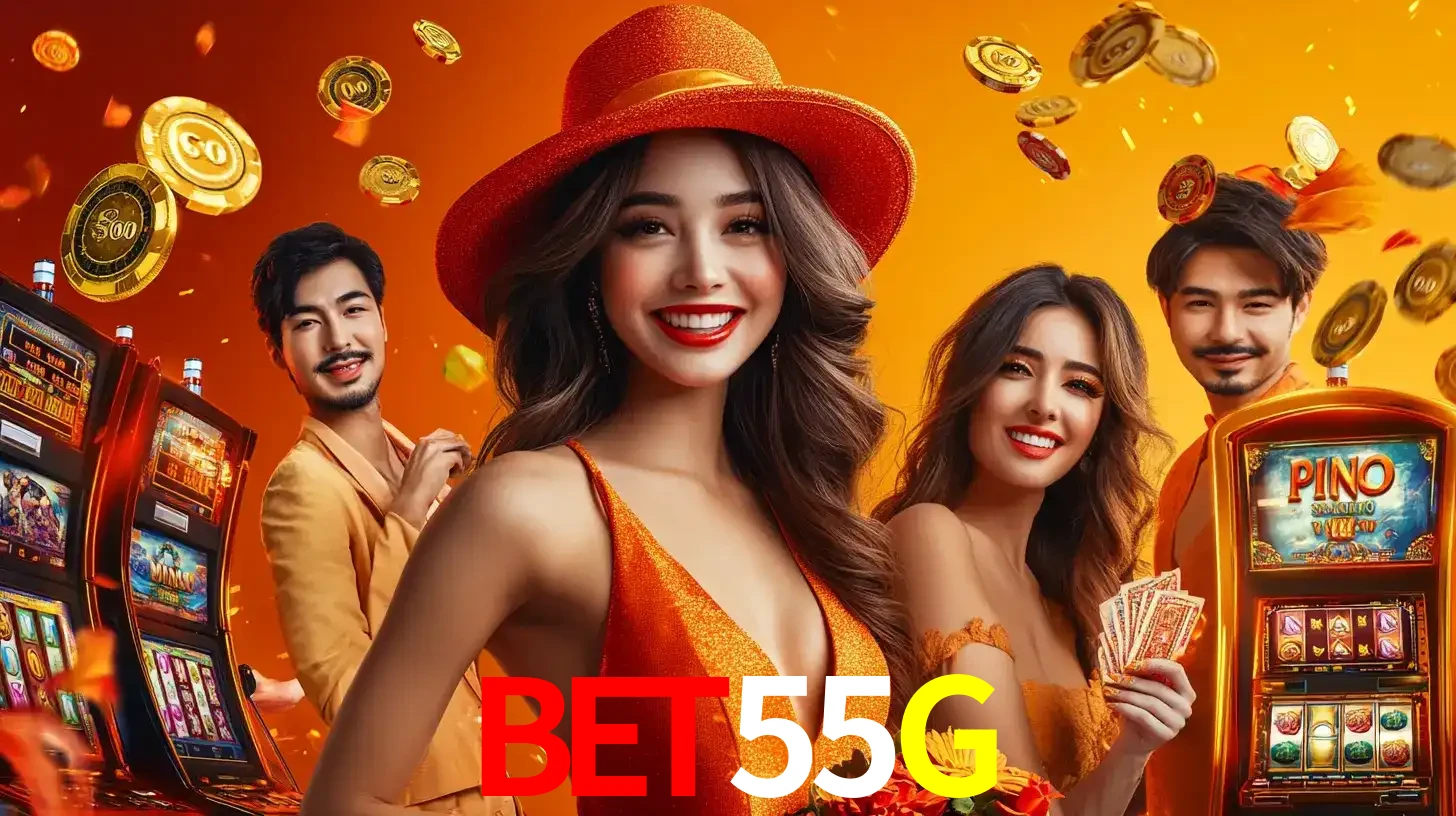 Grupo de amigos asiáticos sorrindo e se divertindo com máquinas de caça-níqueis em um ambiente festivo, celebrando suas vitórias nos jogos de cassino do BET55G.