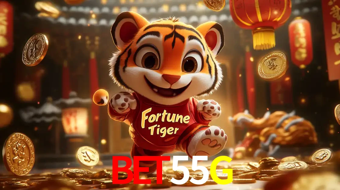 O alegre personagem do Fortune Tiger correndo sobre um caminho de moedas de ouro, simbolizando os grandes prêmios e a diversão do popular jogo de slot do BET55G.