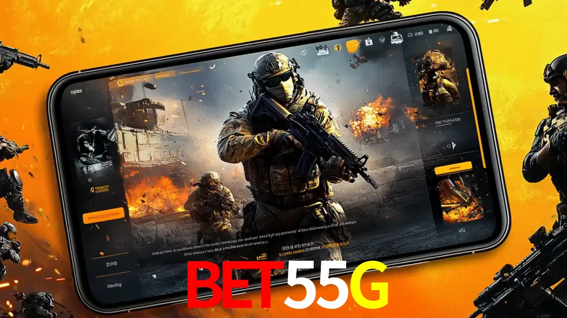 Um smartphone exibindo a interface de um jogo de tiro em primeira pessoa, com um soldado em um cenário de batalha, representando a ação dos e-sports para apostar no BET55G.