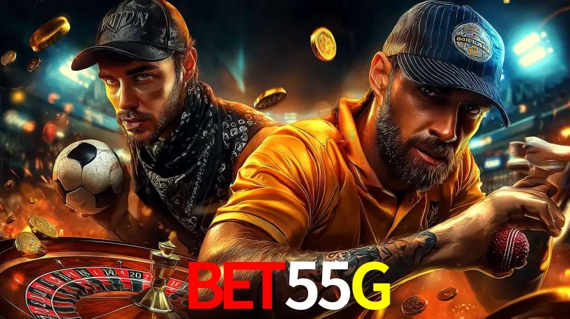 Montagem de apostas esportivas e cassino no BET55G, com um homem segurando uma bola de futebol e outro uma de beisebol sobre uma roleta e moedas voadoras.