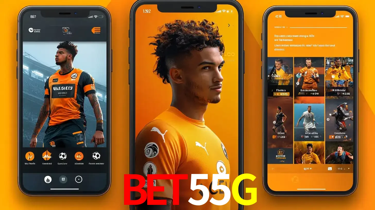 Interface do aplicativo de apostas esportivas BET55G em três telas de celular, mostrando o perfil de um jogador de futebol e a lista de jogos disponíveis para apostar.