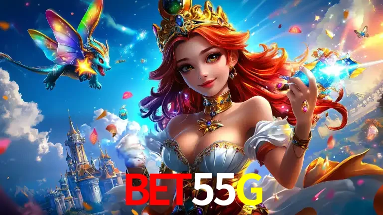 A princesa de um reino de fantasia mágico, com seu pequeno dragão, apresentando um mundo de prêmios encantados nos jogos de caça-níqueis do cassino BET55G.