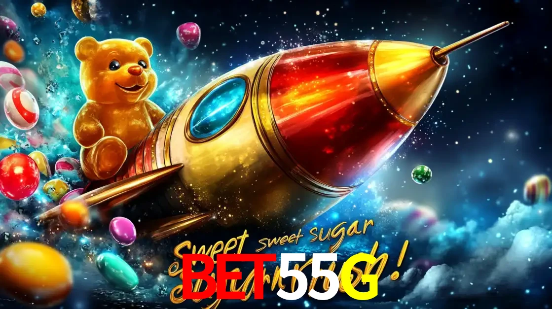 Arte promocional do jogo de slot Sugar Rush, com um urso de pelúcia em um foguete viajando pelo espaço de doces, um dos jogos divertidos disponíveis no cassino BET55G.