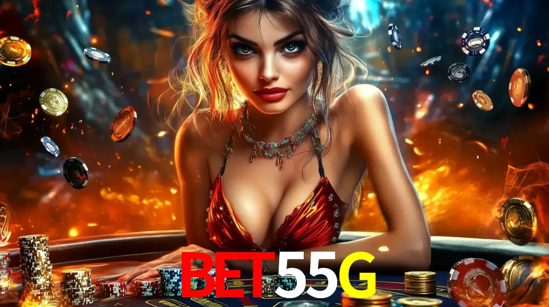 Mulher em uma mesa de cassino com pilhas de fichas e um fundo de fogo, pronta para uma rodada de altas apostas nos jogos de mesa emocionantes do cassino BET55G.