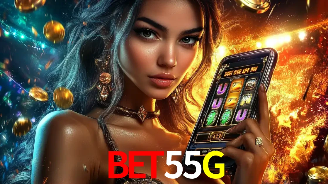 Mulher elegante mostrando um jogo de caça-níqueis em seu smartphone, destacando a experiência de cassino móvel oferecida pelo aplicativo BET55G.