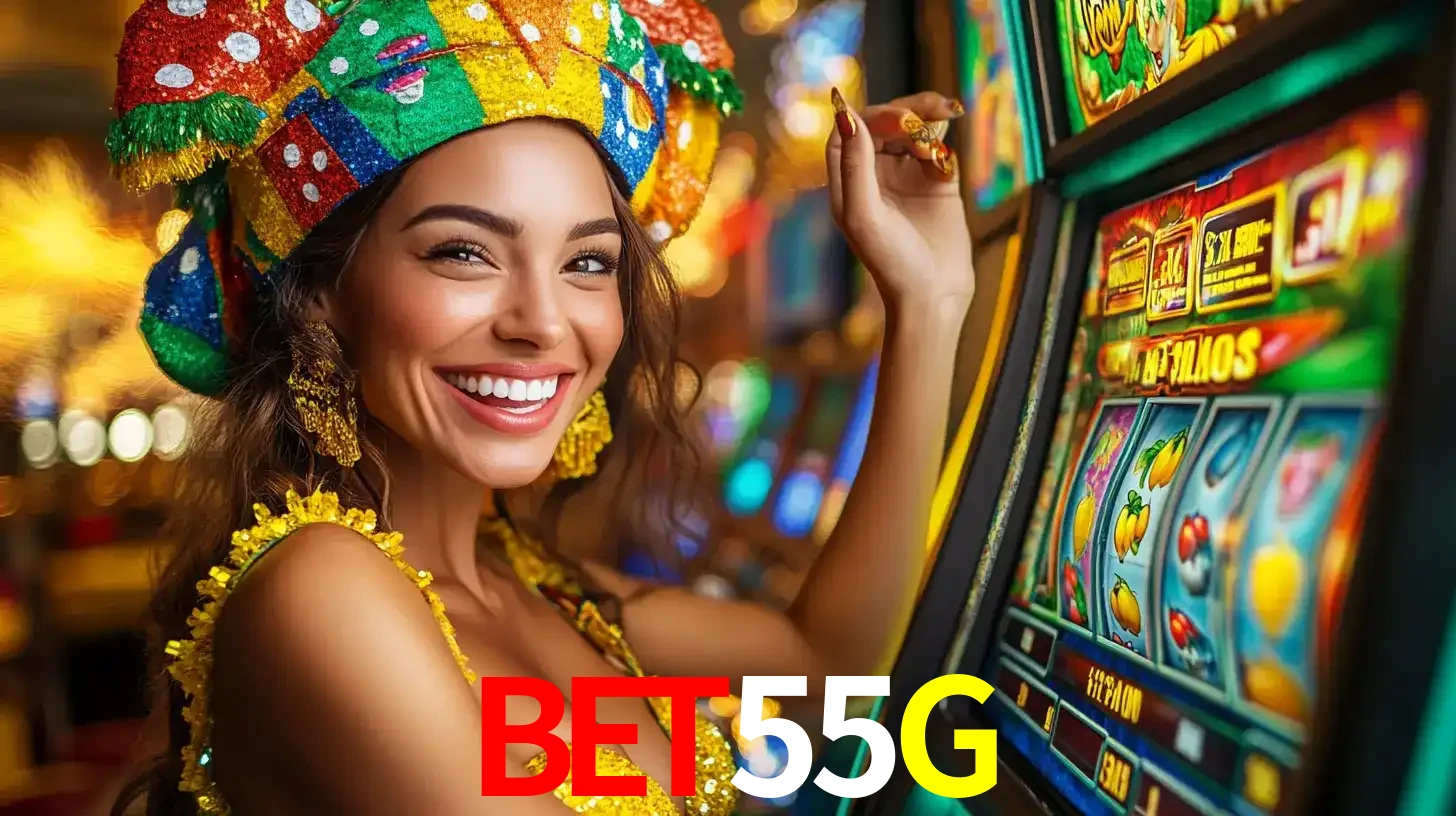 Mulher feliz com traje de carnaval amarelo e colorido ao lado de uma máquina de caça-níqueis, aproveitando a diversão e os jogos temáticos do cassino BET55G.