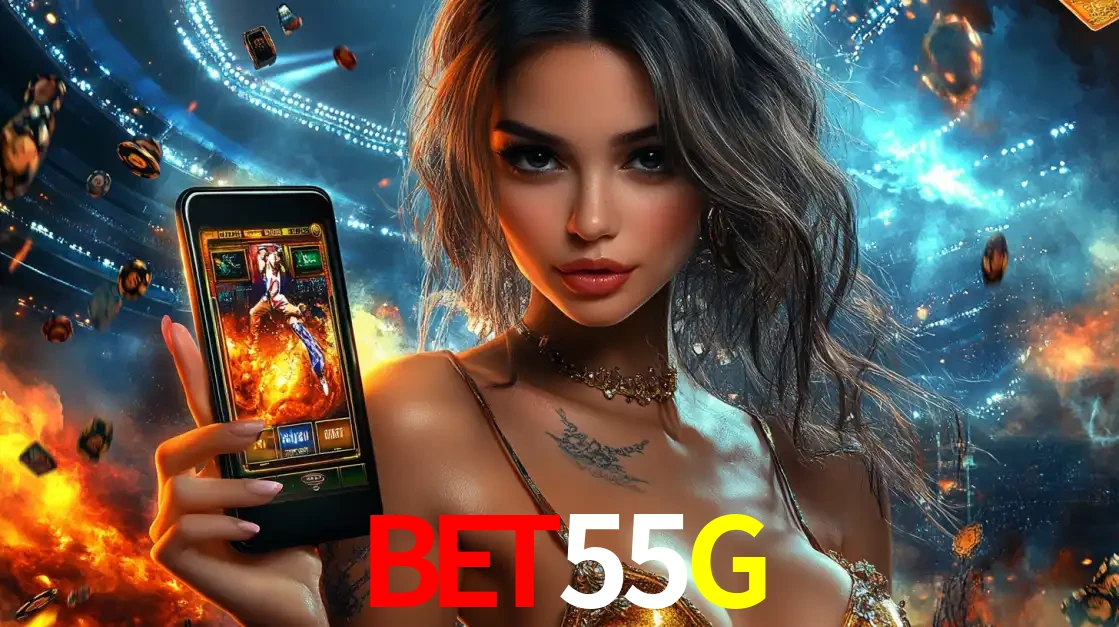 Mulher segurando um celular com um jogo de slot em destaque, tendo como fundo um estádio vibrante, simbolizando a emoção de jogar no cassino móvel BET55G.