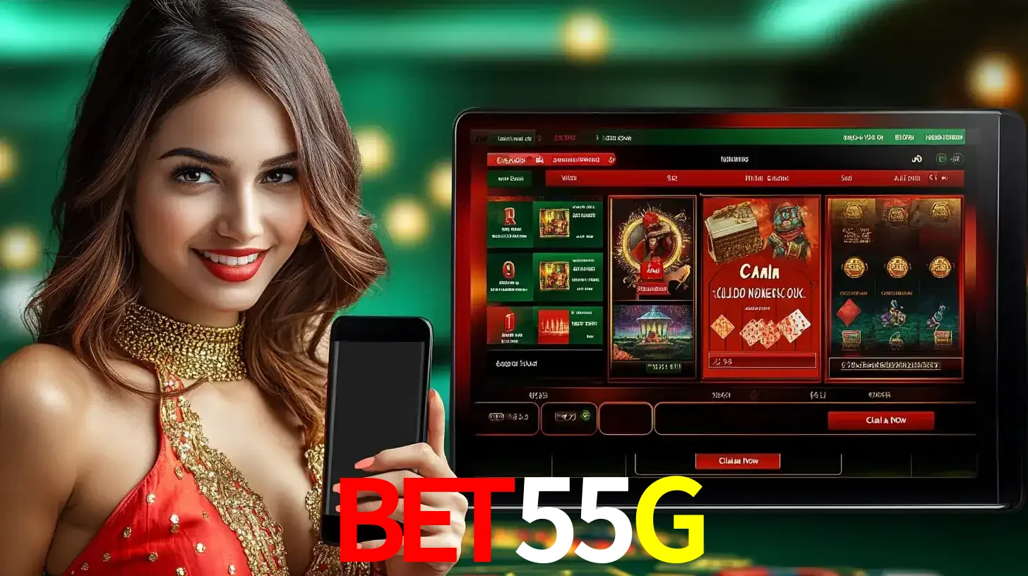 Mulher sorridente segurando um smartphone, ao lado de uma tela exibindo o lobby de jogos do cassino online BET55G, com várias opções de jogos de cartas e slots.
